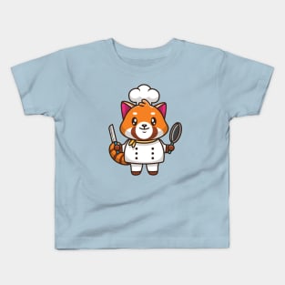 Cute Red Panda Chef Holding Pan And Knife Cartoon Kids T-Shirt